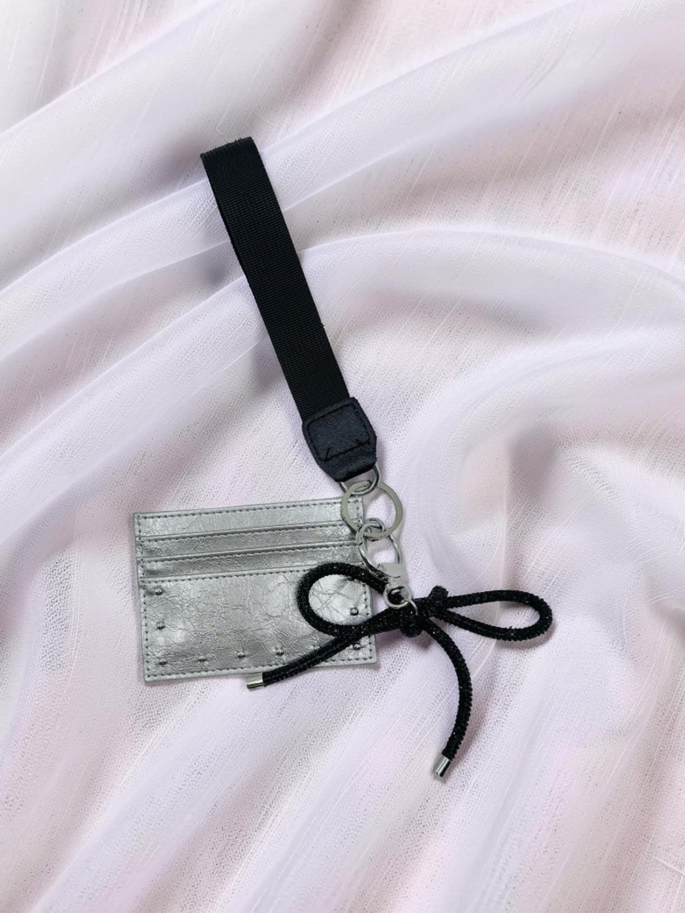 Silver Metallic Card Holder Wristlet Keychain w/ Black Bow Charm & Stud Detail
